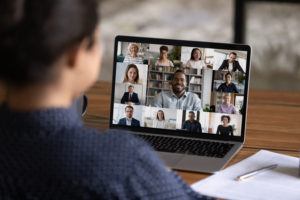 over the shoulder view of a video conference call