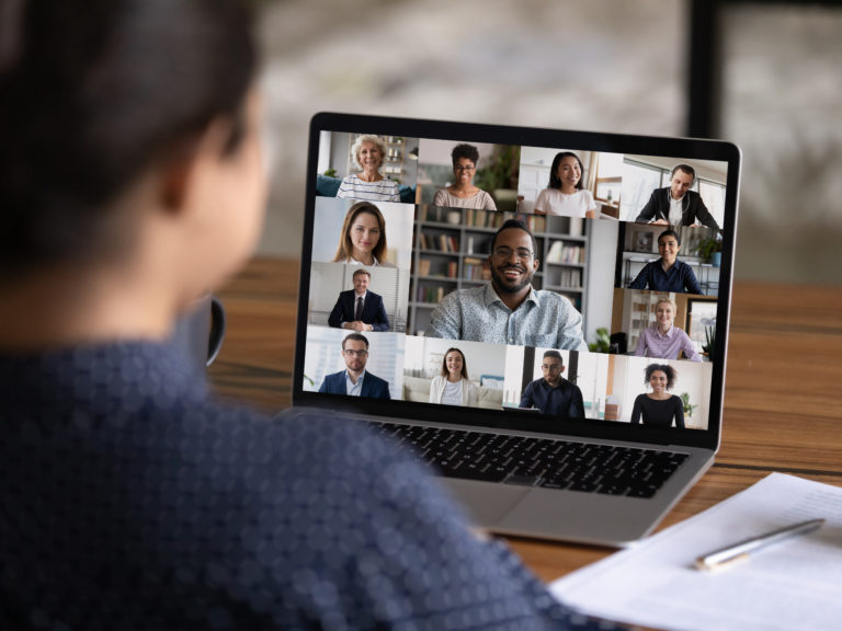 over the shoulder view of a video conference call